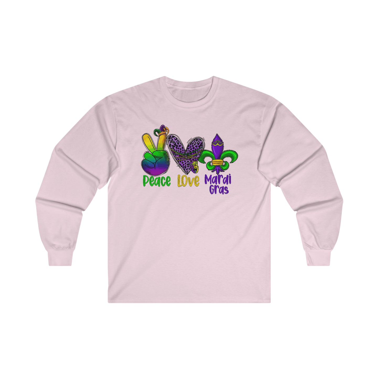 "PEACE LOVE MARDI GRAS" Ultra Cotton Long Sleeve Tee