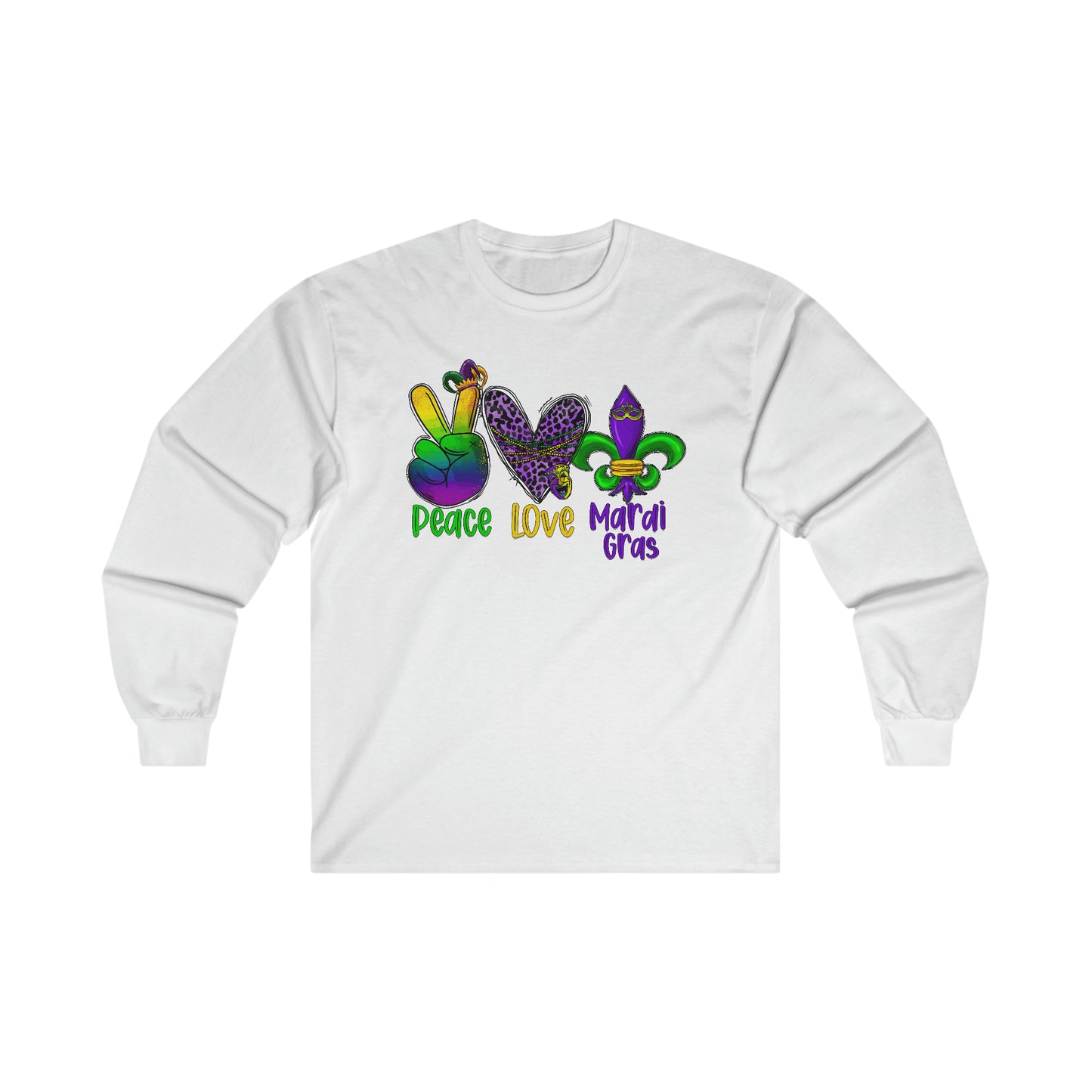 "PEACE LOVE MARDI GRAS" Ultra Cotton Long Sleeve Tee